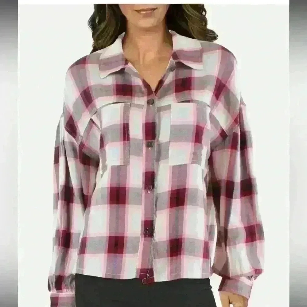 Sanctuary Womens Plaid Crop Button-Down Top